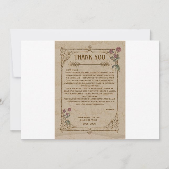 Thank you letter to a childhood friend card (Back)
