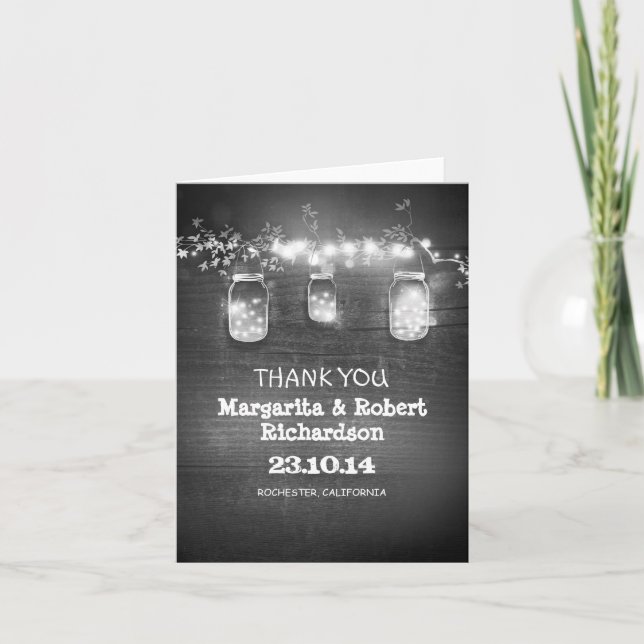 Thank You Lights Mason Jars Rustic Wedding Cards (Front)