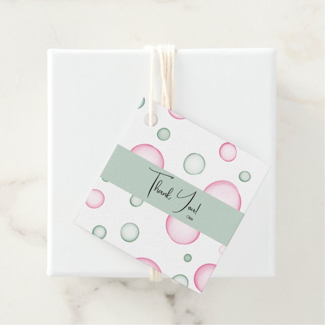 Thank You | Lively Fun Pink and Green Bubbles Favor Tags (In Situ)