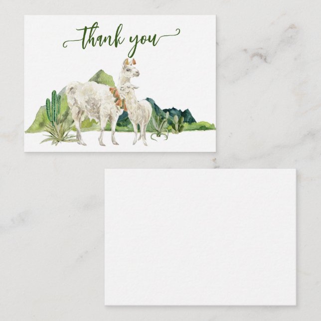 Thank you Llama Alpaca Baby Shower Watercolor Note Card (Front/Back)