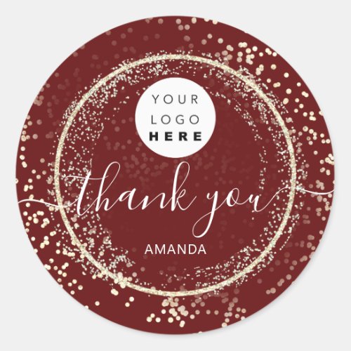 Thank You Logo Gold Glitter Burgundy Frame   Classic Round Sticker