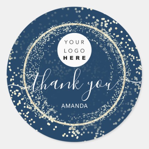 Thank You Logo Gold Glitter Frame Blue Navy Classic Round Sticker