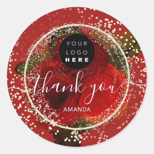 Thank You Logo Gold Roses Black Glitter Red  Classic Round Sticker