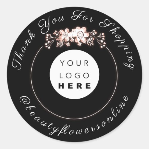 Thank You Logo Rose IG Name Floral Wreath Black Classic Round Sticker