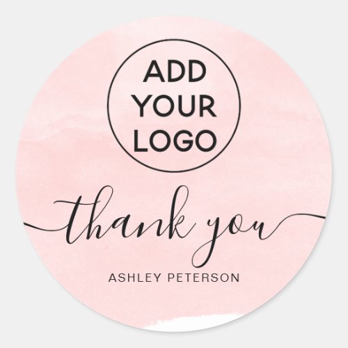 Thank you logo simple blush pink watercolor classic round sticker