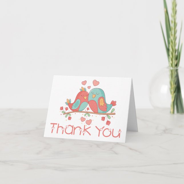 Thank You Lovebirds Blue Green Turquoise Wedding Card (Front)