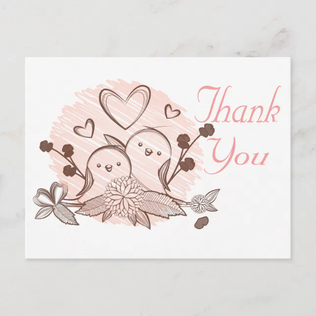 Thank You Lovebirds Pink & Brown Wedding Love Postcard | Zazzle
