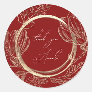 Thank You Magnolia Floral Garden Burgundy Gold Classic Round Sticker