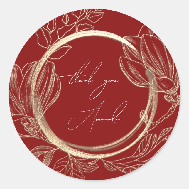 Thank You Magnolia Floral Garden Burgundy Gold   Classic Round Sticker (Front)