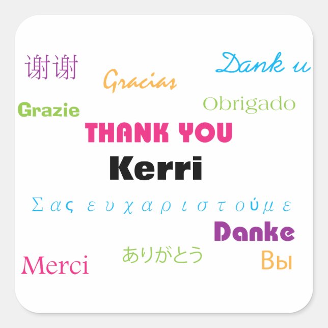 Thank You Many Languages Colorful Personalize Square Sticker (Front)