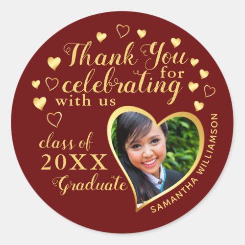Thank You Maroon Red Gold 2023 Graduation Favor Classic Round Sticker