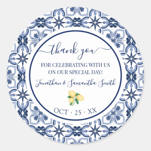 Thank You Mediterranean Lemons Bridal Shower Classic Round Sticker