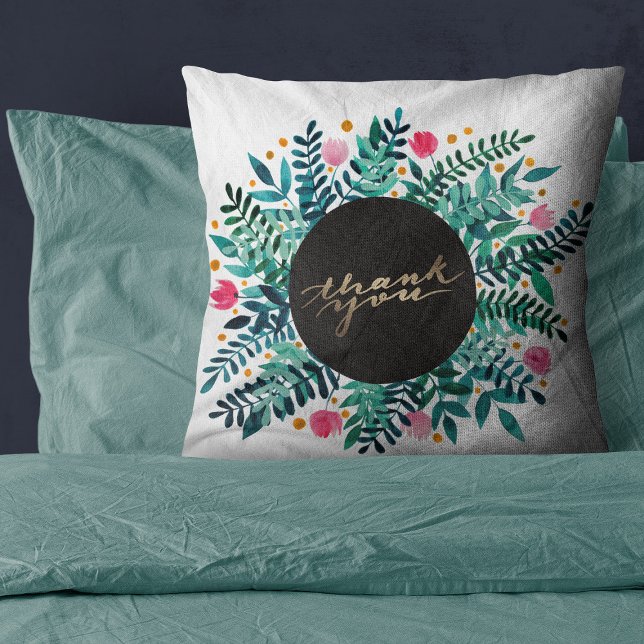 Thank you message - with pink and green florals throw pillow (Creator Uploaded)
