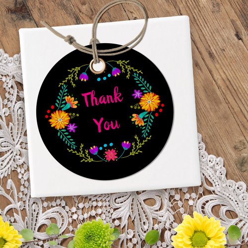 Thank You Mexican Fiesta Colorful Folk Art Flowers Favor Tags