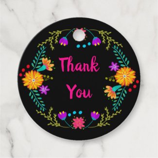Thank You Mexican Fiesta Colorful Folk Art Flowers Favor Tags