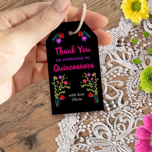 Thank You Mexican Fiesta Floral Black Quinceanera Gift Tags