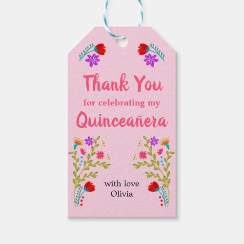 Thank You Mexican Fiesta Floral Pink Quinceanera Gift Tags