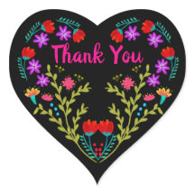 Thank You Mexican Fiesta Flowers Quinceanera Black Heart Sticker