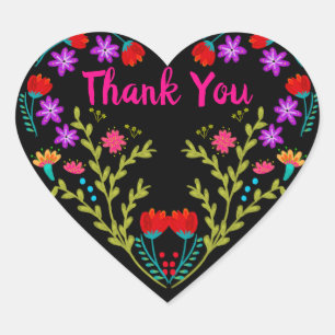 Thank You Mexican Fiesta Flowers Quinceanera Black Heart Sticker