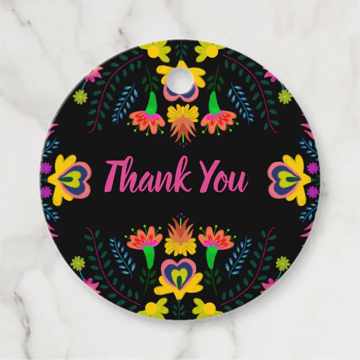 Thank You Mexican Fiesta Party Flowers Black Favor Tags | Zazzle