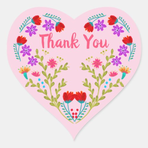 Thank You Mexican Flowers Pink Quinceanera Party Heart Sticker