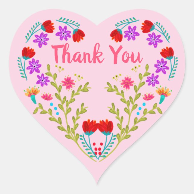 Thank You Mexican Flowers Pink Quinceanera Party Heart Sticker (Front)