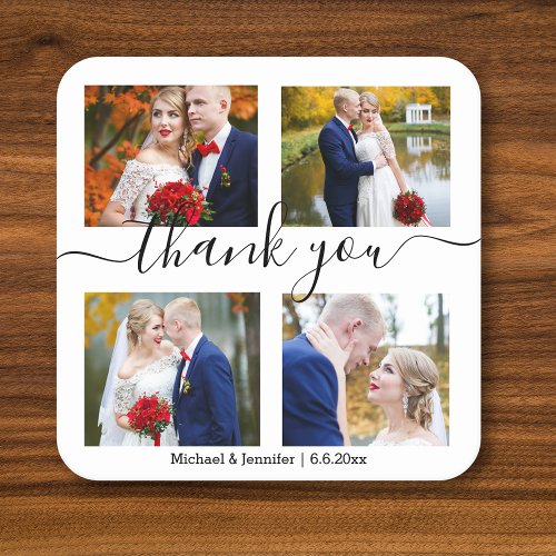 thank youminimal 4 photos collage wedding chic square paper coaster