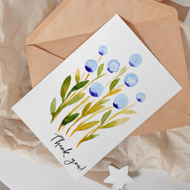 Thank you minimal blue watercolor flowers card | Zazzle
