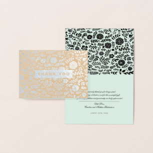 Thank You. Mint Black Floral Pattern Wedding  Foil Card