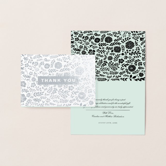 Thank You. Mint Black Floral Pattern Wedding  Foil Card (Display)
