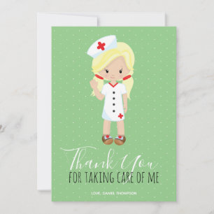 Thank You Mint Green Script Blonde Cartoon Nurse Card