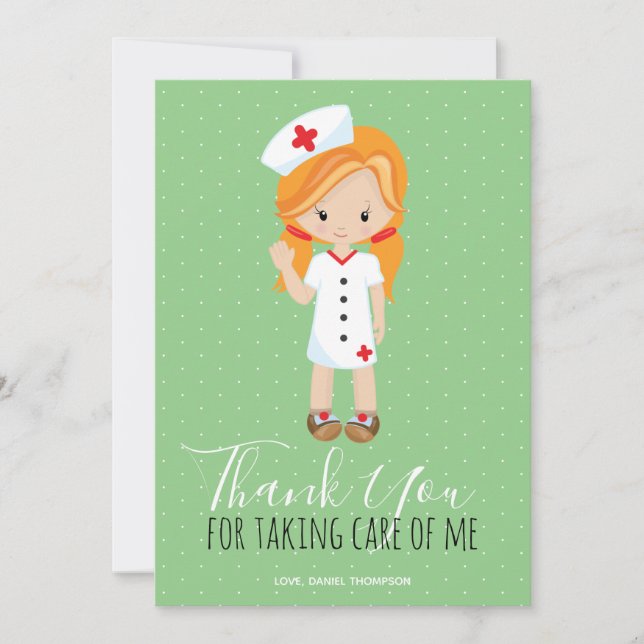 Thank You Mint Green Script Ginger Cartoon Nurse (Front)