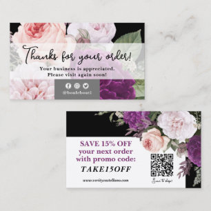 Thank You Mod Black Vintage Rose Floral Discount Business Card