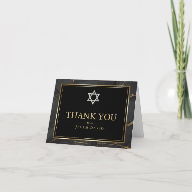 Thank You | Modern Black Gold Marble Bar Mitzvah Invitation (Front)