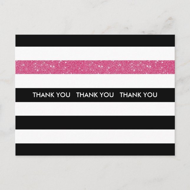 Thank You Modern Black White Stripes Pink Glitter Postcard (Front)