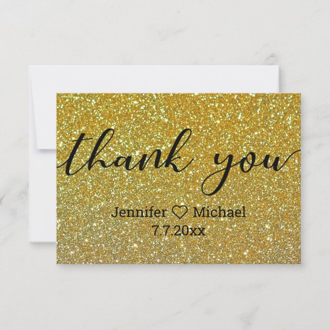 Thank you,modern calligraphy gold glitters wedding note card (Front)