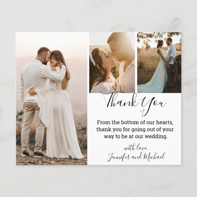 thank you modern calligraphy wedding 3 photos card (Front)