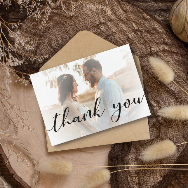 thank you modern calligraphy wedding faded photo note card | Zazzle
