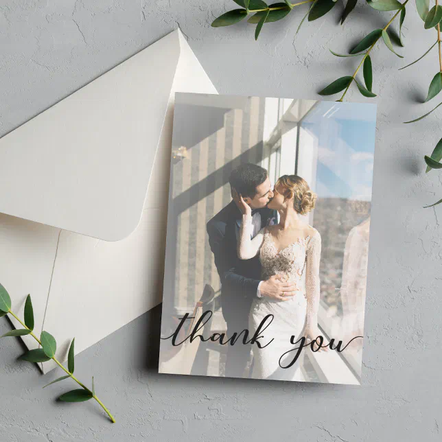 thank you ,modern calligraphy wedding photo note card | Zazzle