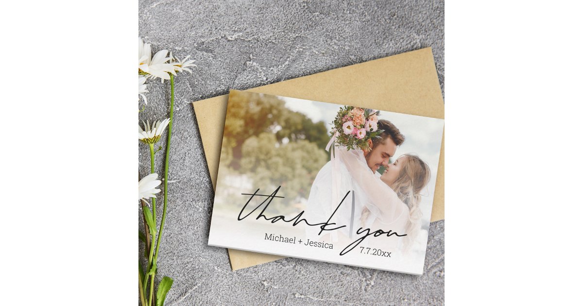 thank you modern chic handwriting wedding photo note card | Zazzle