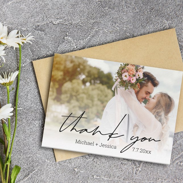 thank you modern chic handwriting wedding photo note card (Creator Uploaded)