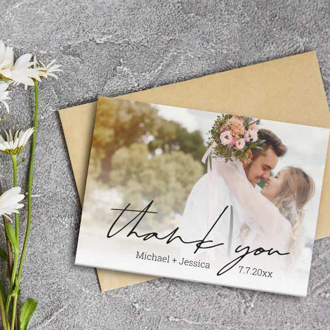 thank you modern chic handwriting wedding photo note card | Zazzle
