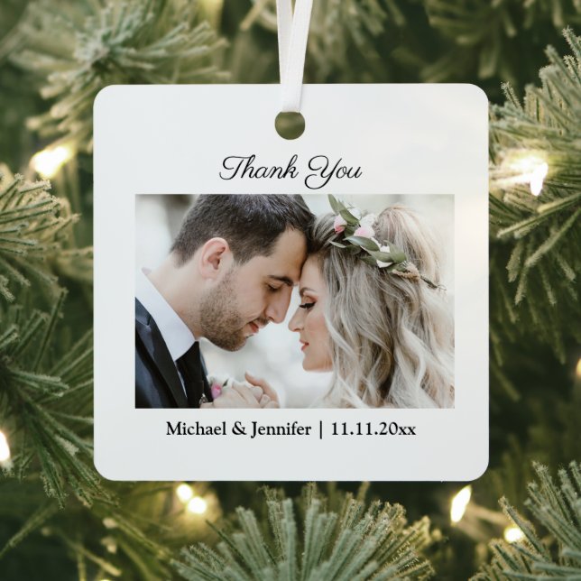 thank you, modern chic script wedding photo metal ornament (Insitu)