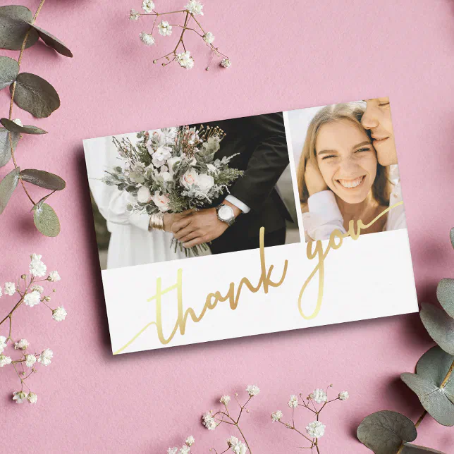 thank you,modern gold calligraphy wedding collage note card | Zazzle