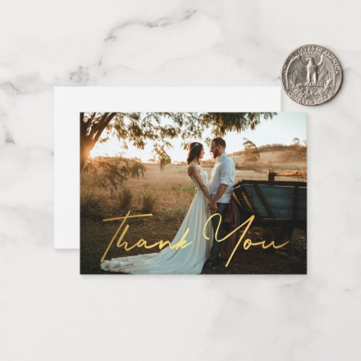 thank you,modern gold handwriting wedding photo note card | Zazzle