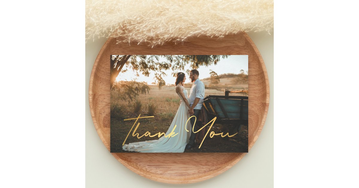 thank you,modern gold handwriting wedding photo note card | Zazzle