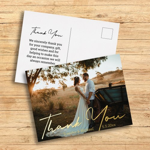 thank youmodern golden handwriting wedding photo  foil holiday postcard