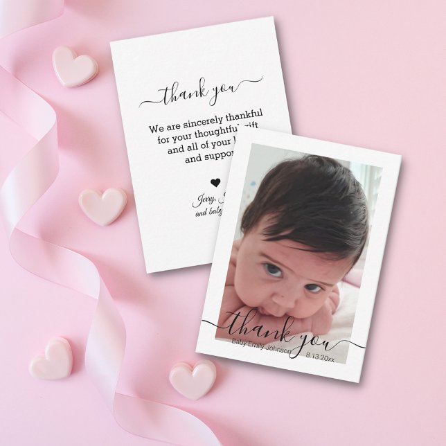thank you,modern handwriting baby girl photo note card (Creator Uploaded)