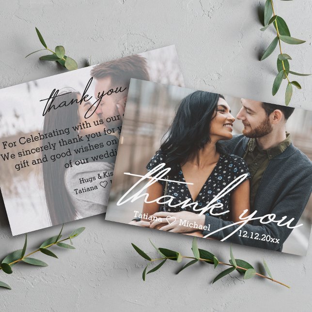 thank you,modern handwriting chic wedding 2 photos note card (Creator Uploaded)