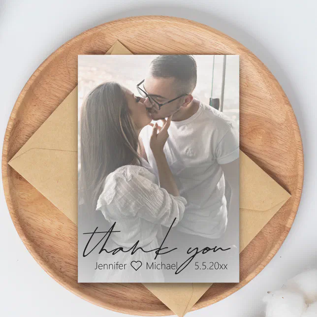 thank you, modern handwriting wedding photo note card | Zazzle